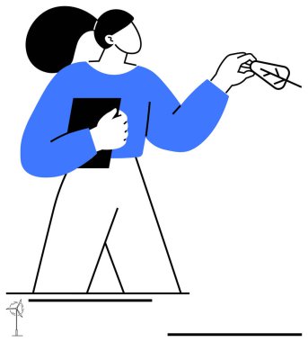 Mavi kazaklı kadın elinde siyah bir defter tutarken tek eliyle gözlükleri ayarlıyor. Eğitim, öğrenim, profesyonellik, organizasyon, odaklanma, güven, düz metafor için ideal