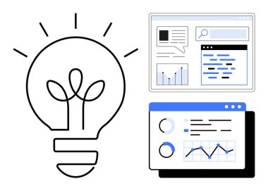Büyüyen elementlere sahip ampul, analitik gösterge paneli ve iletişim arayüzü. Yenilik, iş büyümesi, veri analizi, takım çalışması, strateji, teknoloji ve basit bir iniş sayfası için ideal