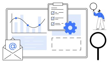 Veri noktaları, kontrol listesi, teçhizat, e-posta ikonu, büyüteç ve balon tutan kişi grafiği. Analiz, veri, organizasyon iş akışı iletişim araştırması için ideal basit iniş sayfası