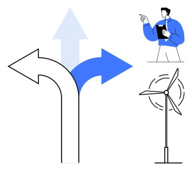 Okları ayırmak seçenekleri sembolize eder, bir kişi liderliği gösterir ve rüzgar türbini sürdürülebilirliği ön plana çıkarır. Yön, strateji, karar verme, liderlik, yeşil enerji için ideal