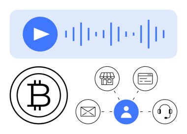 Dalga biçimli ses oynatıcı, bitcoin logosu, e- posta, mağaza önü, ödeme ve destek simgelerine bağlı kullanıcı. Fintech, teknoloji, iletişim, e-ticaret kripto para birimi kullanıcı bağlantısı için ideal