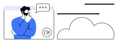 Çevrimiçi görüntülerdeki adam kafa yoruyor, yukarıdaki konuşma balonu, yakınlardaki bulut sembolü. İletişim, beyin fırtınası, uzaktan çalışma, veri depolama, dijital etkileşim teknolojisi işbirliği için ideal. Düz