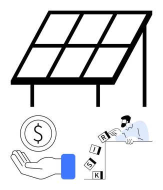 Yenilenebilir enerji için güneş paneli, madeni para sinyalleri ile el, blokları kullanma riskini yöneten kişi. Sürdürülebilirlik, enerji, finans, yatırım, strateji, çevre sade iniş için ideal