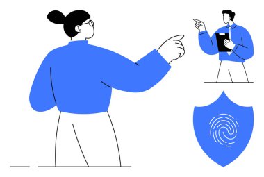 Çözümlere işaret eden iş arkadaşları, güvenlik kalkanında parmak izi, organizasyon için dosya. Siber güvenlik, kimlik doğrulama, strateji, veri koruması, takım çalışması için ideal