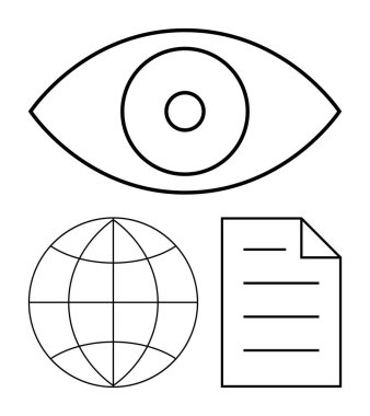 Dairesel merkezli bir göz, dünya sembolü ve belge taslağı. Görüşler, küresel ulaşım, veri alışverişi, belgeler, bilgi paylaşımı izleme ve raporlama konuları için idealdir. Düz basit