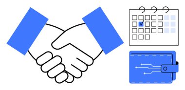 Anlaşmayı simgeleyen iki el, işaretli tarihli takvim ve finansal planlama için dijital cüzdan. İş anlaşması, planlama, finans yönetimi, ortaklık, planlama için ideal