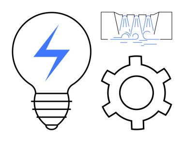 Şimşek sembollü ampul, vites çizimi ve su akışı diyagramı. Teknoloji, yenilik, enerji, mekanik, sürdürülebilirlik, basit iniş sayfası mühendisliği için ideal