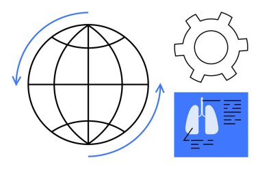 Oklu dünya, teknolojiyi sembolize eden teçhizat ve tıbbi verileri görselleştiren notlu akciğerler. Sağlık, yenilik, teknoloji, küresel ağlar, veri analizi, araştırma sade iniş için ideal