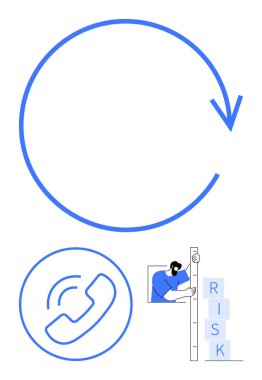 Geniş dairesel ok, telefon çağrısı ikonu ve blok işaretlerini ölçmek için cetvel kullanan birey. İletişim, problem çözme, geri bildirim, strateji, verimlilik, risk analizi için ideal basit
