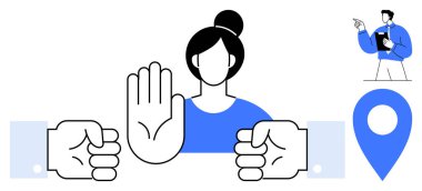 Kadın, el haritası iğnesiyle agresif hareketleri engelliyor ve yönetici talimatlar veriyor. Çatışma çözümü, liderlik, işyeri ahlakı, sınırlar, navigasyon, rehberlik, saygı için ideal