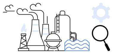Duman yayan endüstriyel fabrika, bacalı rafineri, su dalgaları, büyüteç ve vites sembolü. Çevre, kirlilik, teknoloji ve enerji üretimi için ideal