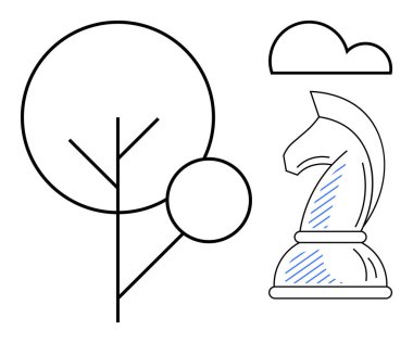Dairesel elementleri olan basit bir ağaç çizgisi, bir satranç şövalyesi taşı ve bir bulut. Yaratıcılık, strateji, doğa, liderlik, minimalizm yenilikçiliği için ideal. Düz basit