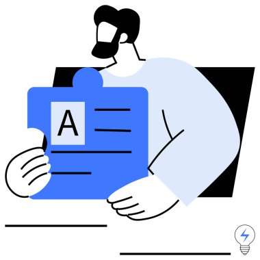 Mavi yapboz parçasını elinde tutan sakallı bir adam yaratıcılığı, öğrenmeyi, takım çalışmasını ve planlamayı temsil ediyor. Eğitim, strateji, yenilik, berraklık işbirliği tasarımı için ideal basit bir metafor