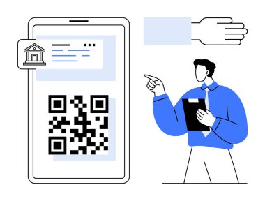 Akıllı telefon ekranında gösterilen QR kodu banka sembolü, işaret eden figür, pano ve uzatılmış el. Teknoloji, ödeme, bankacılık, finans, sunum yeniliği için ideal düz bir metafor