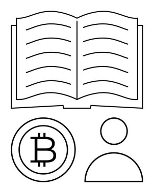 Satır araları, Bitcoin logosu ve temiz satırlarda kullanıcı simgesi içeren açık bir kitap. Finans, okuma, kullanıcı eğitimi, kripto para birimi ve teknoloji paylaşımı için ideal. Düz