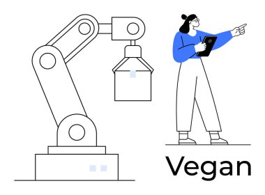 Kadın mühendis, sürdürülebilir operasyonlarda üretim sürecini robot koluyla gözden geçiriyor. Teknoloji, yenilik, vegan üretimi, robotik, mühendislik, sürdürülebilirlik, basit iniş için ideal