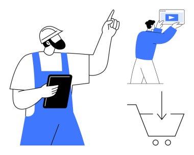 Yukarıya bakan bir panosu olan işçi, elinde bir tablet, elinde bir oyun düğmesi olan bir şahıs, ve oklu bir alışveriş arabası. E-ticaret, çevrimiçi öğrenme, inşaat, takım çalışması için ideal