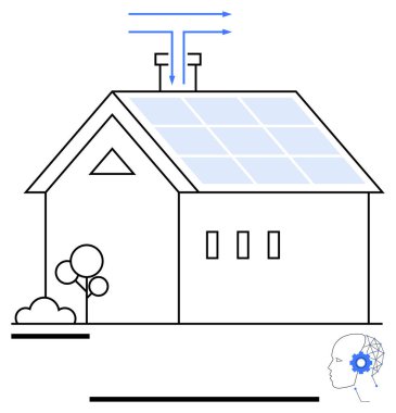 Tavan üstü güneş panelleri olan ve yönsel oklarla temsil edilen yenilenebilir enerji üreten bir ev. Yeşil enerji, sürdürülebilirlik, yenilik, teknoloji, çevre, verimlilik, akıllı yaşam için ideal