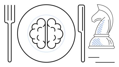 Bir satranç şövalyesinin yanındaki çatal ve bıçak arasındaki tabakta duran beyin, stratejiyi, zekayı, karar vermeyi, yaratıcılığı, odaklanmayı, öğrenmeyi ve kişisel gelişimi sembolize ediyor. Düz basit metafor