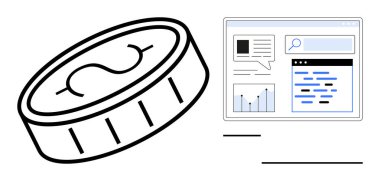 Çizelgeleri, arama çubuğunu ve metin ögelerini gösteren gösterge panelinin yanında madeni para. Finans, analitik, yatırım, strateji, teknoloji, dijital pazarlama ve basit bir iniş sayfası için ideal