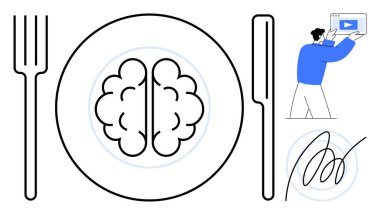 Çatal ve bıçaklı beyin tabağı zihinsel beslenmeyi simgeliyor. Öğrenmek için video sunan kişi. Eğitim, kişisel gelişim, yaratıcılık, farkındalık, teknoloji, ilham için ideal