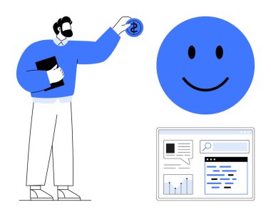 Adam elinde kitap tutarken para sokuyor, mutlu ikon, grafik ve analizli veri paneli. Hayırseverlik, pozitiflik, içerik oluşturma, finansal büyüme, kullanıcı katılımı, eğitim için ideal