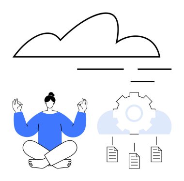 Soyut bulut, teçhizat ve dosya grafiklerinin yanında meditasyon duruşu dengeyi, teknolojiyi, depoyu sembolize eder. Farkındalık, bulut hesaplama, teknoloji, verimlilik veri yönetimi için ideal