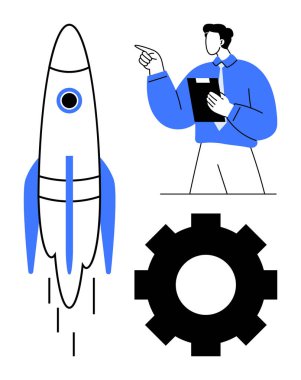 İş adamı elinde bir pano ile roket ve teçhizat kavramlarını işaret ediyor. Takım çalışması, yenilik, girişimcilik, liderlik, planlama, teknoloji, strateji için idealdir. Düz basit metafor