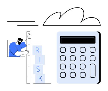 Adam, hesap makinesi ve bulut çiziminin yanında, üzerinde cetvelle Risk etiketli blokları ölçüyor. Finans, analiz, değerlendirme, karar verme, strateji, planlama için ideal