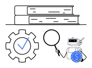 Öğrenmek için istiflenmiş kitaplar, verimlilik için işaretli teçhizatlar, büyüteç ve para tutan robotlar. Teknoloji, araştırma, eğitim, yapay zeka, yenilikçi otomasyon finansmanı için ideal. Düz basit