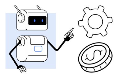 Anten ve mekanik kol hareketleriyle vites ve bozuk paraya doğru hareket eden robot. Teknoloji, otomasyon, yenilik, fintech, üretkenlik, finans ve yapay zeka odaklı süreçler için idealdir. Düz basit