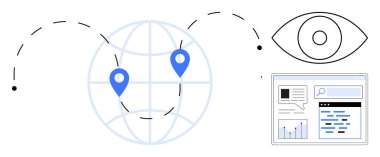Konum iğneli dünya, kesik hareket yolları, analitik şeması, web araması ve izleme için bir göz. Küresel ulaşım, dijital pazarlama, veri analizi, navigasyon teknolojisi araştırması için ideal