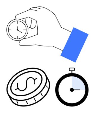 Küçük bir saat, dolar işareti olan bir bozuk para ve kronometre zaman izleme, maliyet tasarrufu, dakiklik, finansal planlama, verimlilik, teslim tarihleri ve minimalizm. Basit için ideal