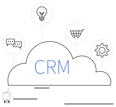 Bulut etiketli CRM ağ sohbeti, fikirler için ampul, alışveriş arabası ve vites simgeleri. Müşteri yönetimi için ideal, takım çalışması, iş stratejisi, verimlilik yeniliği. Düz basit metafor