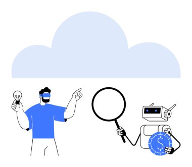 Ampul tutan VR kulaklık takan adam büyüteç ve bozuk parayla robota doğru hareket ediyor. Yapay zeka, yenilik, bulut teknolojisi, sanal gerçeklik, veri analizi, takım çalışması, dijital