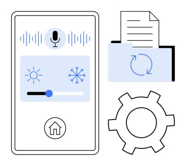 Mikrofonlu akıllı telefon ekranı, ısı kaydıracı, senkronize simgesi olan ev simgesi dosyası, dişli. Teknoloji, otomasyon, yenilik, ses kontrolü, akıllı aygıtlar için ideal basit iniş sayfaları