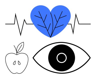 Kalp atışı çizgisi soyut mavi kalbi birleştirir, elma sağlığı simgeler, ve açık göz farkındalığı vurgular. Sağlık, sağlık, beslenme, farkındalık, yaşam dengesi, medikal kavramlar için idealdir.