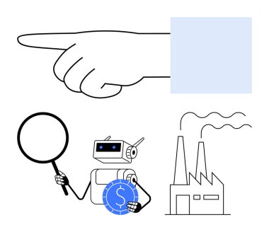 El hareketi, büyüteç ve para tutan robot, duman çıkaran endüstriyel fabrika. Otomasyon, endüstri, analiz, verimlilik, teknoloji üretim ekonomisi için ideal. Düz