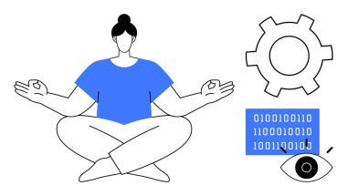 İnsan meditasyonu, ikili kod kalıbı, vites ve göz ikonu. Farkındalık, teknoloji, yenilik, analitik, meditasyon dengesi veya basit bir iniş sayfası için ideal