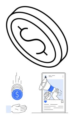 Dolar işareti olan büyük bir sikke, bozuk paralar ve megafon reklamı olan bir cep telefonu. Dijital pazarlama, bağış toplama, çevrimiçi tanıtım, mali büyüme, reklamcılık, sosyal medya stratejisi için ideal