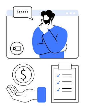 Video konferansı sırasında düşünen adam, dolar işareti ile elini aç, kene ile listeyi kontrol et. Finans, strateji, çevrimiçi istişare, iş, sanal toplantı, basit bir iniş sayfası planlama için ideal