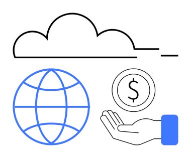 Soyut bulut, küre, el ele tutuşan para. Teknoloji, finans, küresel ticaret, ekonomik yenilik bağlantısı için ideal basit bir iniş sayfası. Çizgi benzetmesi. Basit satır simgeleri