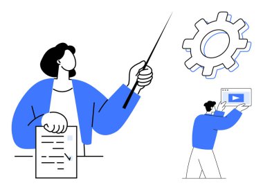 Kontrol listesi tutan ve sopayla işaret eden kişi, teçhizat süreci veya teknolojiyi sembolize eden ikinci kişi, elinde tablet videosu olan ikinci kişi. İş akışı, takım çalışması, eğitim, eğitim, öğretim için ideal