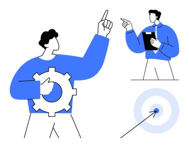 İki kişi fikirleri tartışıyor, hedefler koyuyor ve bir dişli sembolü ve bir hedefle plan yapıyor. İşbirliği, liderlik, başarı, üretkenlik, proje yönetimi, başarı için ideal basit