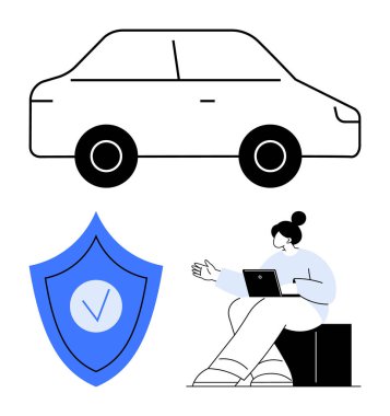 Mavi kalkanın üstündeki araç kontrol işaretli ve laptoptaki bilgileri inceleyen kişi korunmayı, teknolojiyi ve güvenilirliği vurguluyor. Sigorta, teknoloji, iş, güvenlik, iletişim için ideal