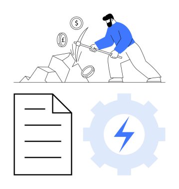Kazmalı işçi madeni paraları, döviz sembolleri ortaya çıkıyor. Belge verileri vurgular, dişli simgesi enerji veya süreci temsil eder. Kripto para birimi, finansal sistemler, madencilik ve teknoloji için ideal