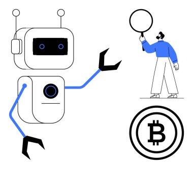 Anten ve mekanik kollu robot, dairesel nesne tutan adam, Bitcoin logosu. Teknoloji, kripto para birimi, engelleme zinciri, yenilik, yapay zeka, otomasyon fütüristik temalar için ideal basit iniş sayfası