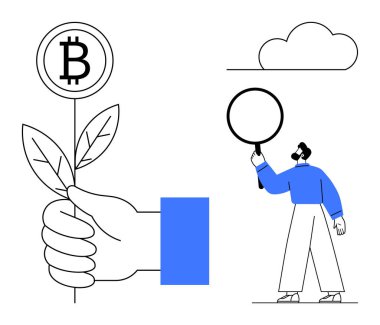 Bitcoin sembollü el tutma tesisi, büyüteçle çalışan kişi, yukarıda bulut. Kripto para birimi, finans, yatırım, büyüme, analiz, sürdürülebilirlik için ideal basit iniş sayfası