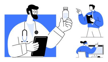 Doktor verileri gösteren bilgisayar ekranındaki küçük, araştırmacı noktaları inceliyor ve danışman da tartışmayı denetliyor. Sağlık, takım çalışması, yenilikler, aşılar ve tıp bilimi için ideal. Düz