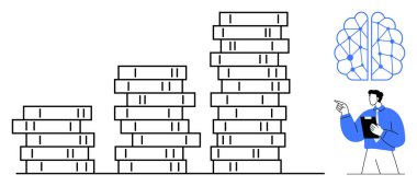 Yükselen grafikler, kavramlara işaret eden bir adam ve soyut bir beyin ağı. Veri, analitik, büyüme, eğitim, planlama yenilik stratejisi için idealdir. Düz basit